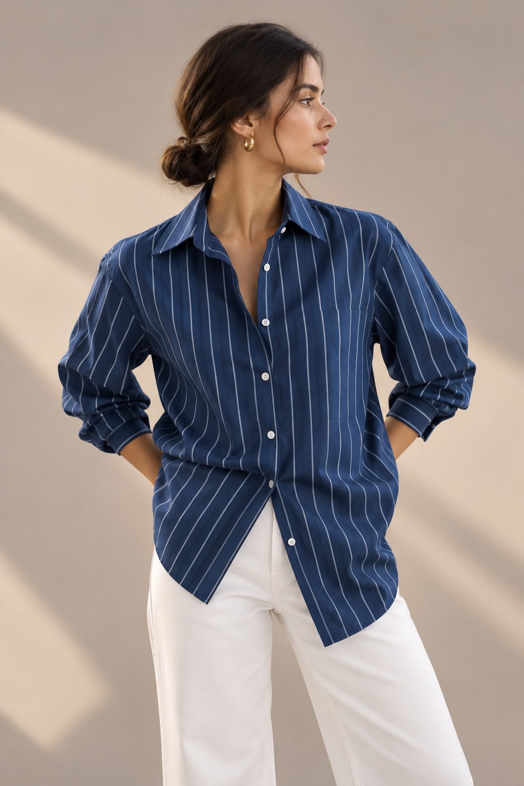 Navy Blue Striped Formal Shirt for Women