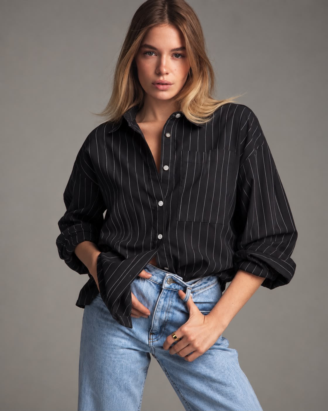 Black Pinstripe Formal Shirt for Women
