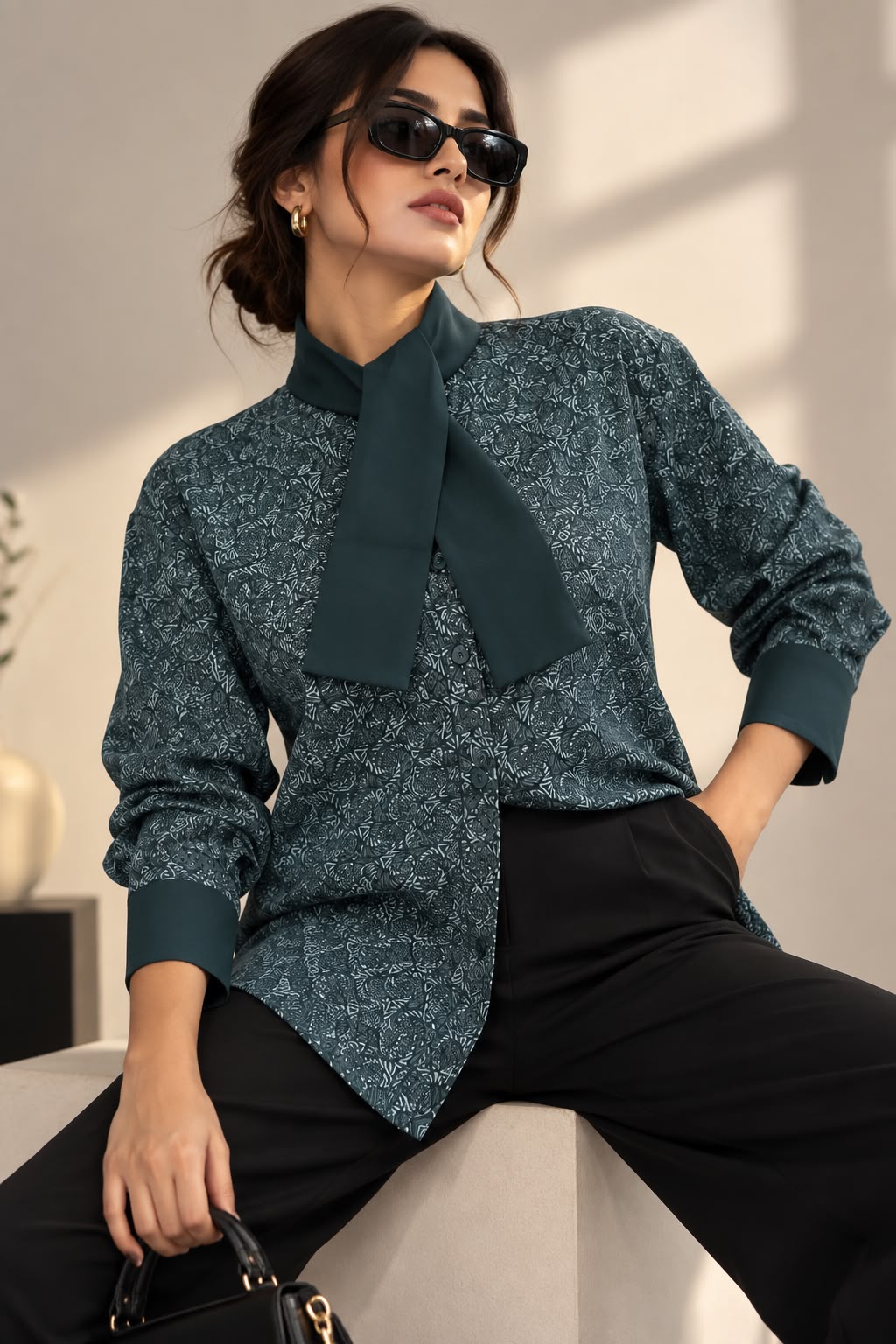 Dark Blue Printed Formal Shirt for Women