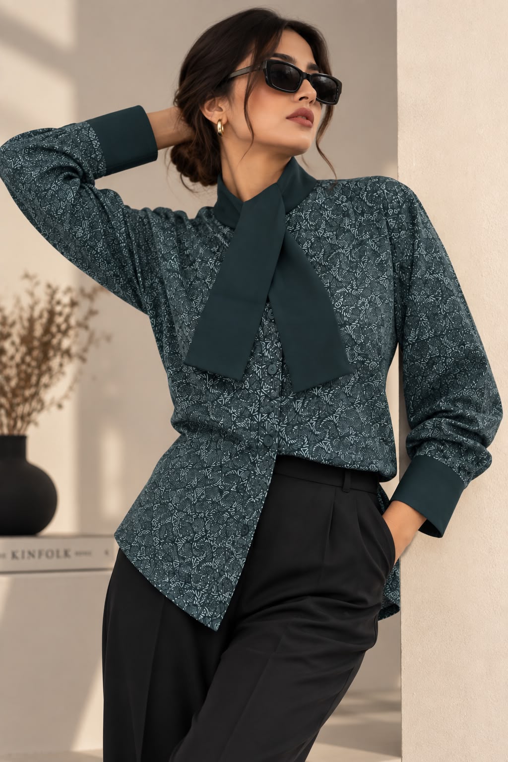 Dark Blue Printed Formal Shirt for Women